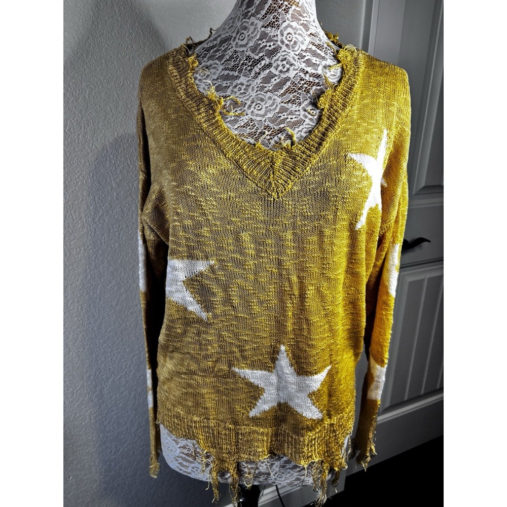 Adora Distressed Star Sweater Raw Hem Cotton Blend Golden Yellow M Boho Y2K‎ NWT